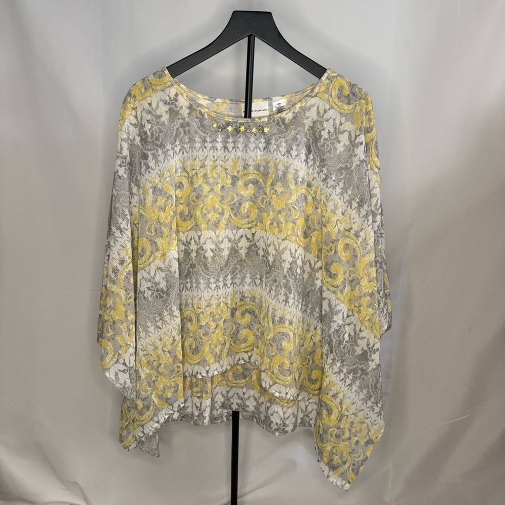 Alfred Dunner Layered Dolman Blouse 20W – Yellow/Grey/White, EUC